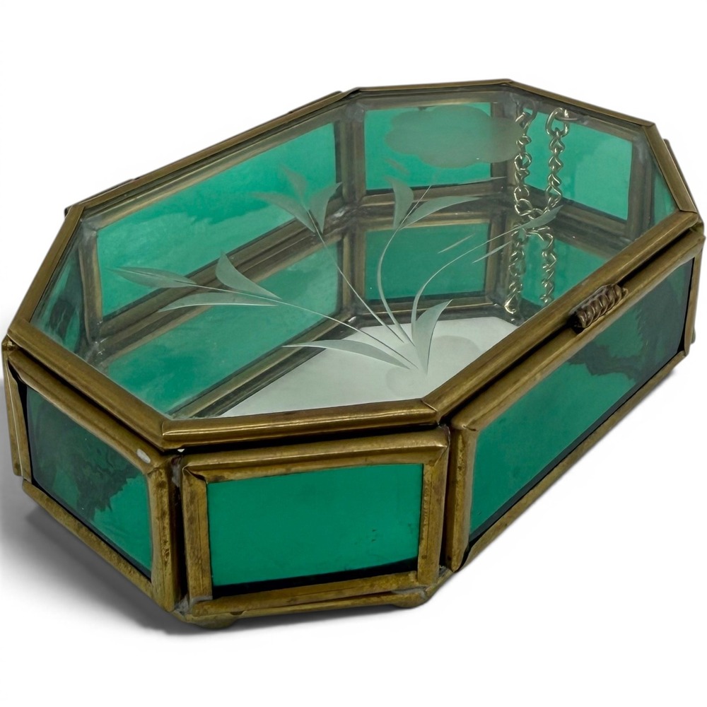 Vintage Emerald Green Glass Jewelry Trinket Box Etched Floral Brass Via Vermont